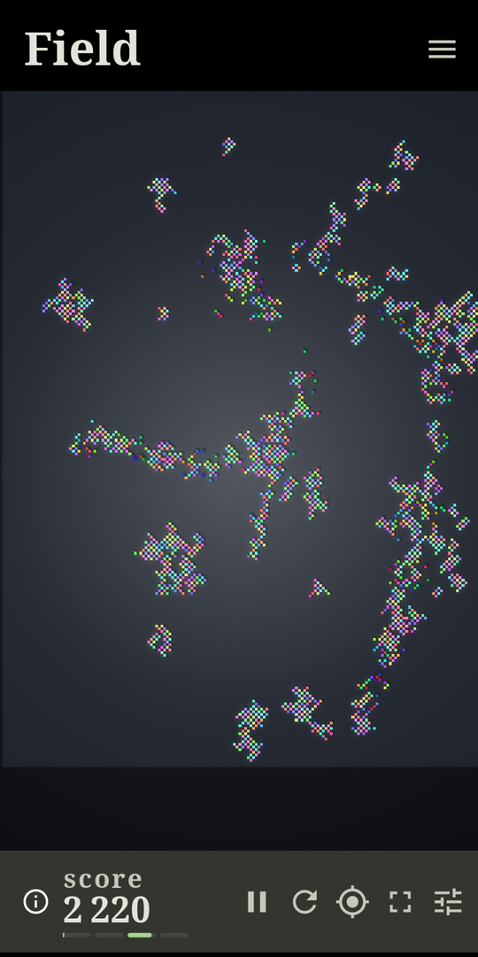 Aesthesia's field screen: clusters of coloured cells on a dark field, with the controls below